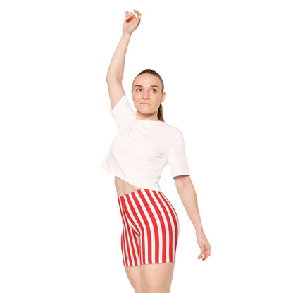 Red & White Striped Women’s Biker Shorts – High Waisted Activewear, Gym Outfit & Family Matching Summer Style