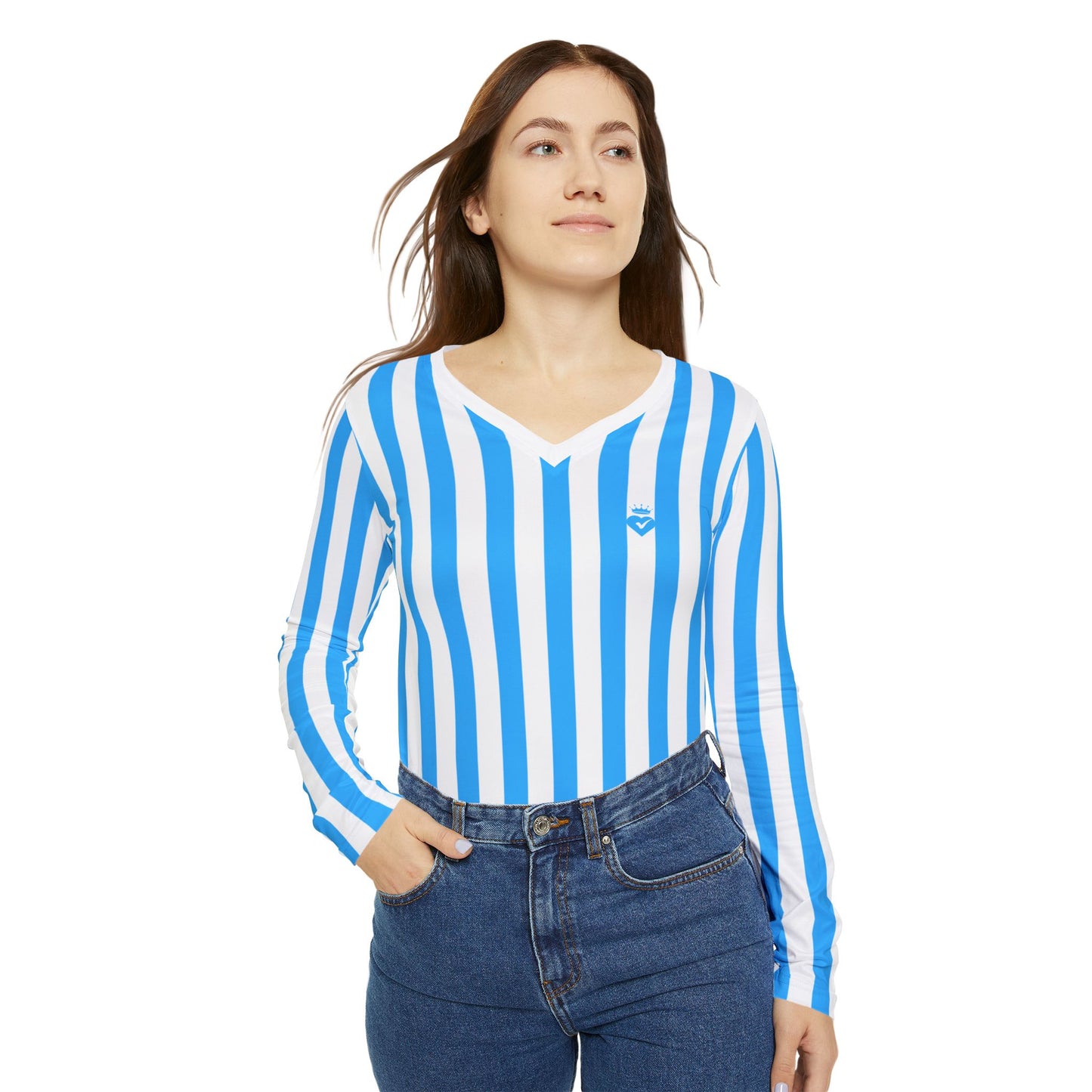 Blue & White Striped Women’s Long Sleeve V-Neck Shirt – Casual Everyday Top for Summer, Vacation & Matching Outfits