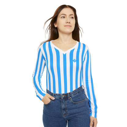 Blue & White Striped Women’s Long Sleeve V-Neck Shirt – Casual Everyday Top for Summer, Vacation & Matching Outfits