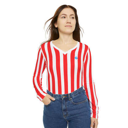 Red & White Striped Women’s Long Sleeve V-Neck Shirt – Casual Everyday Top for Summer, Vacation & Matching Outfits