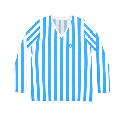 Blue & White Striped Women’s Long Sleeve V-Neck Shirt – Casual Everyday Top for Summer, Vacation & Matching Outfits