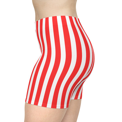 Red & White Striped Women’s Biker Shorts – High Waisted Activewear, Gym Outfit & Family Matching Summer Style