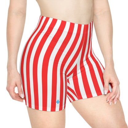 Red & White Striped Women’s Biker Shorts – High Waisted Activewear, Gym Outfit & Family Matching Summer Style