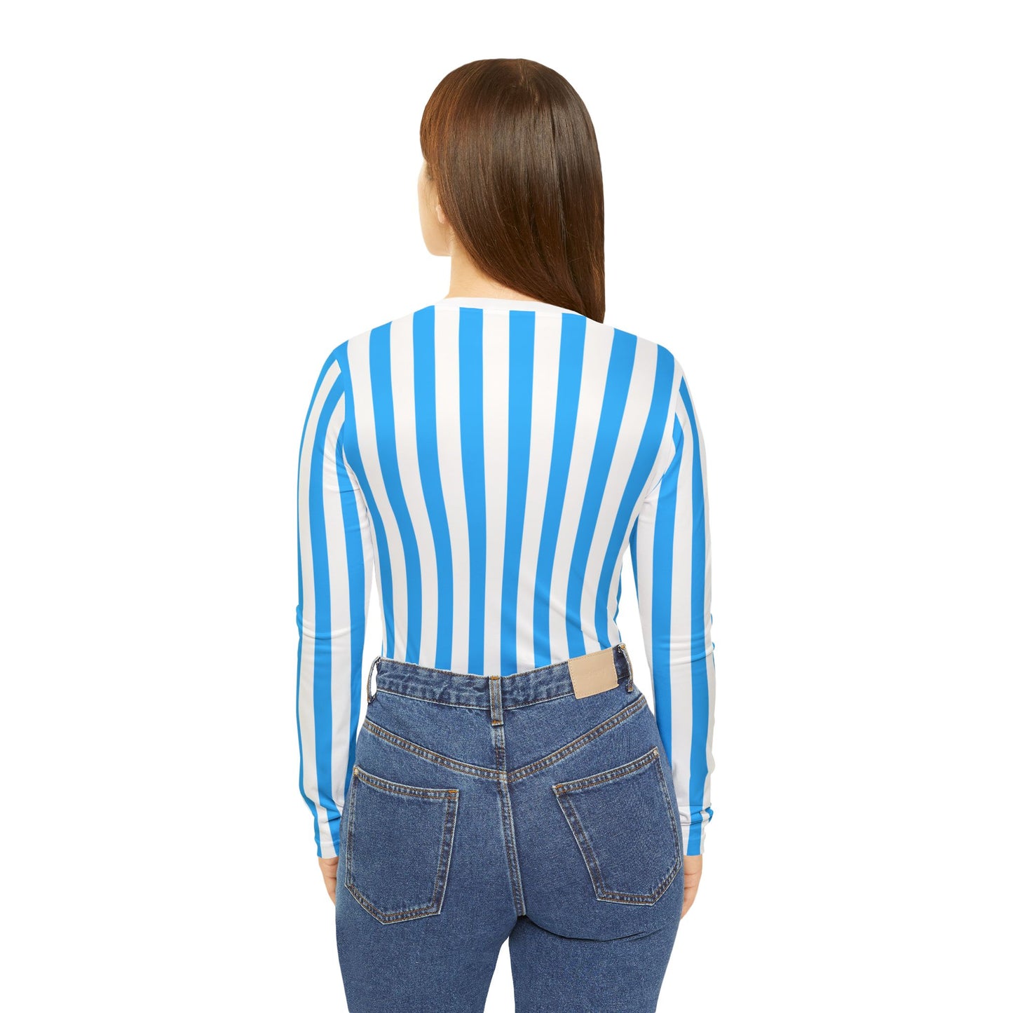 Blue & White Striped Women’s Long Sleeve V-Neck Shirt – Casual Everyday Top for Summer, Vacation & Matching Outfits
