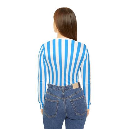 Blue & White Striped Women’s Long Sleeve V-Neck Shirt – Casual Everyday Top for Summer, Vacation & Matching Outfits