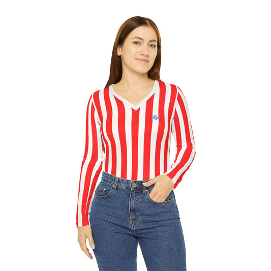 Red & White Striped Women’s Long Sleeve V-Neck Shirt – Casual Everyday Top for Summer, Vacation & Matching Outfits