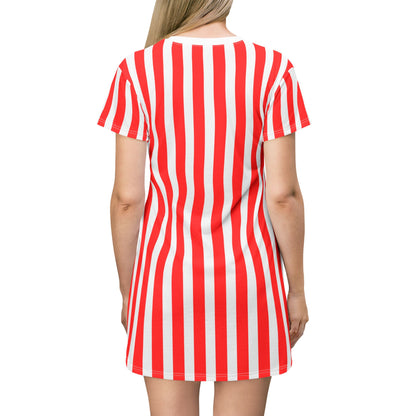 Red & White Striped Women’s T-Shirt Dress – Casual Family Outfit, Partner Look, Gift for Her, Weekend Wear & Summer Everyday Style.