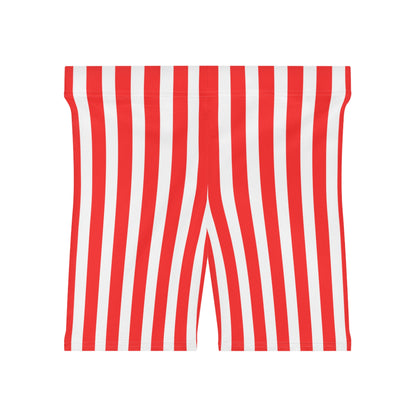 Red & White Striped Women’s Biker Shorts – High Waisted Activewear, Gym Outfit & Family Matching Summer Style