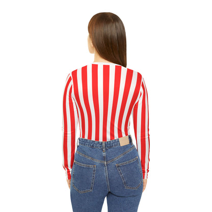 Red & White Striped Women’s Long Sleeve V-Neck Shirt – Casual Everyday Top for Summer, Vacation & Matching Outfits