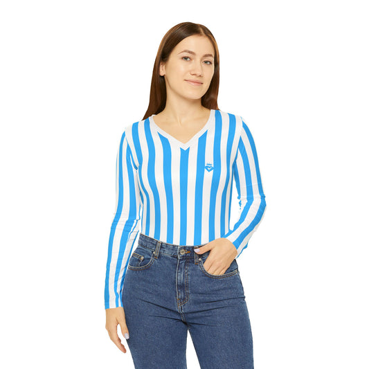 Blue & White Striped Women’s Long Sleeve V-Neck Shirt – Casual Everyday Top for Summer, Vacation & Matching Outfits