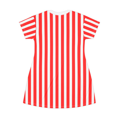 Red & White Striped Women’s T-Shirt Dress – Casual Family Outfit, Partner Look, Gift for Her, Weekend Wear & Summer Everyday Style.